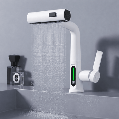 Pull Out Waterfall Kitchen Faucet Digital Display Hot Cold Mixer Sink Tap