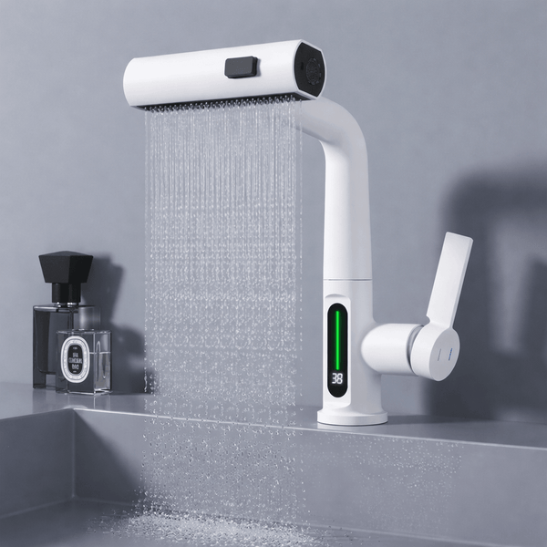 Pull Out Waterfall Kitchen Faucet Digital Display Hot Cold Mixer Sink Tap