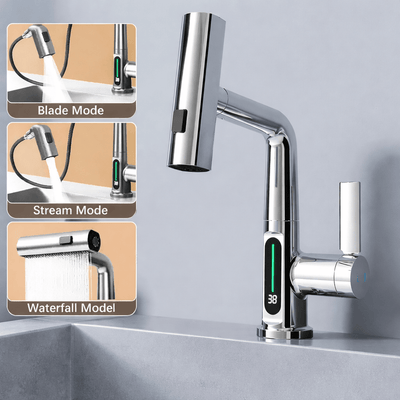 Pull Out Waterfall Kitchen Faucet Digital Display Hot Cold Mixer Sink Tap