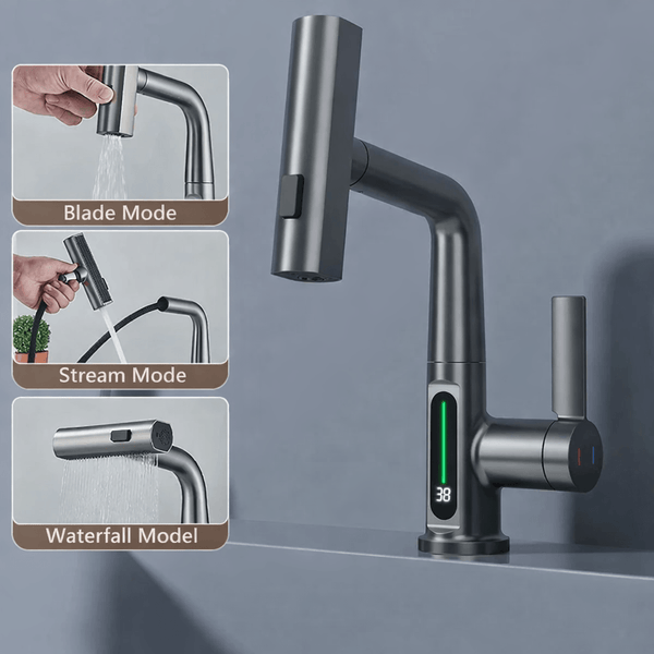 Pull Out Waterfall Kitchen Faucet Digital Display Hot Cold Mixer Sink Tap