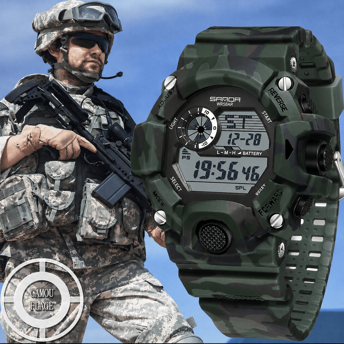 Shock Military Army Mens Watch In Camouflage  Style With LED Digital Back Light With Luminous  Effect