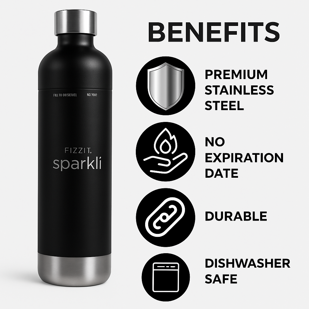 FIZZIT™ Stainless Steel Carbonation Bottle and Water Bottle | Compatible With Philips Carbonation Soda Maker and Aarke Soda Makers, Dishwasher Safe