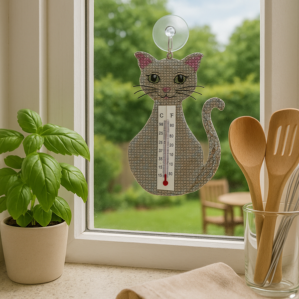 Handmade Cat Window Thermometer – Haitian Artisan Outdoor Décor. Beadworx by Extol Accessories