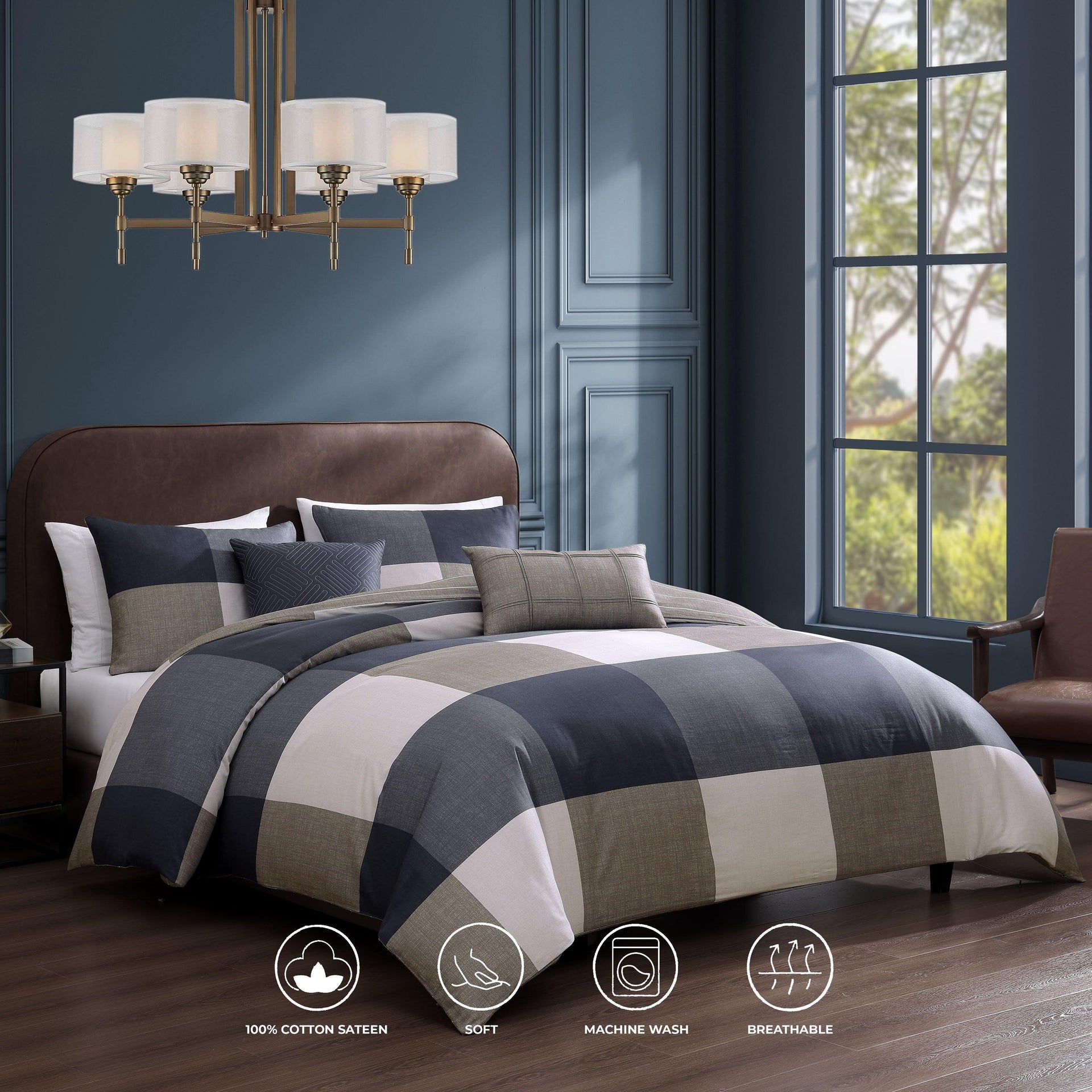 Bebejan Checkered Navy Tan 5 Piece Reversible Comforter Set