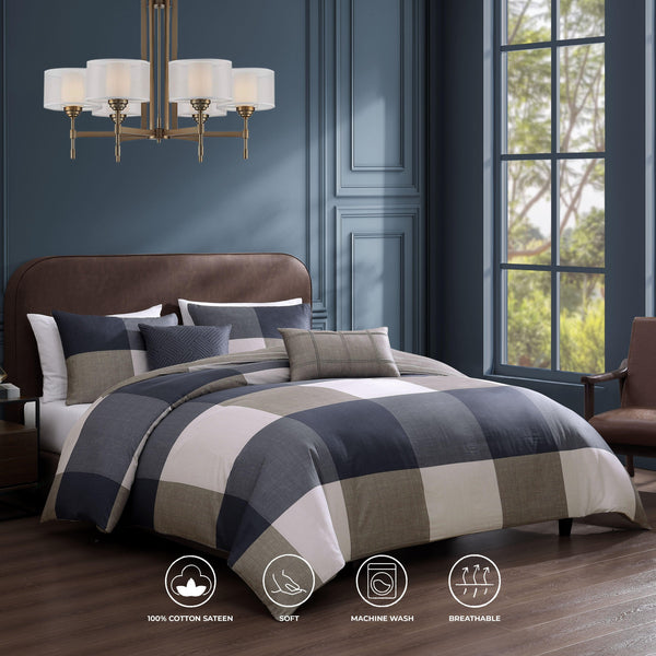 Bebejan Checkered Navy Tan 5 Piece Reversible Comforter Set