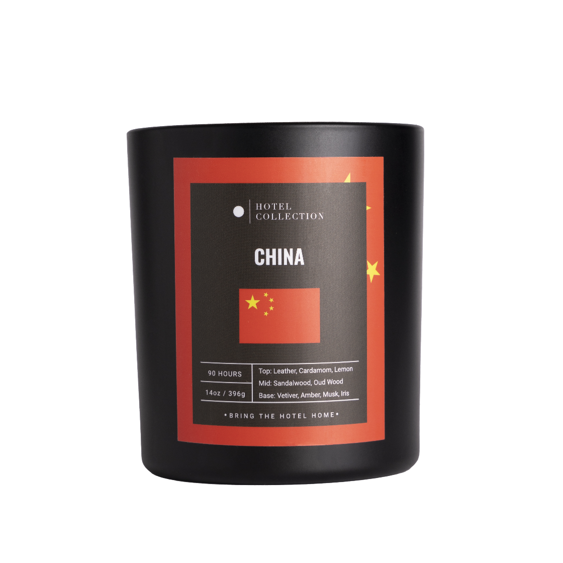 Black candle with China-themed label on a white background