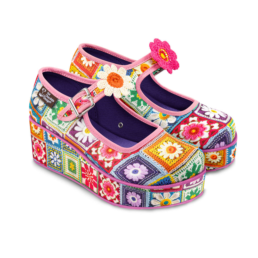 Chocolaticas® Crochet Women's Mary Jane Platform Colorful children's shoes with floral patterns on a white background