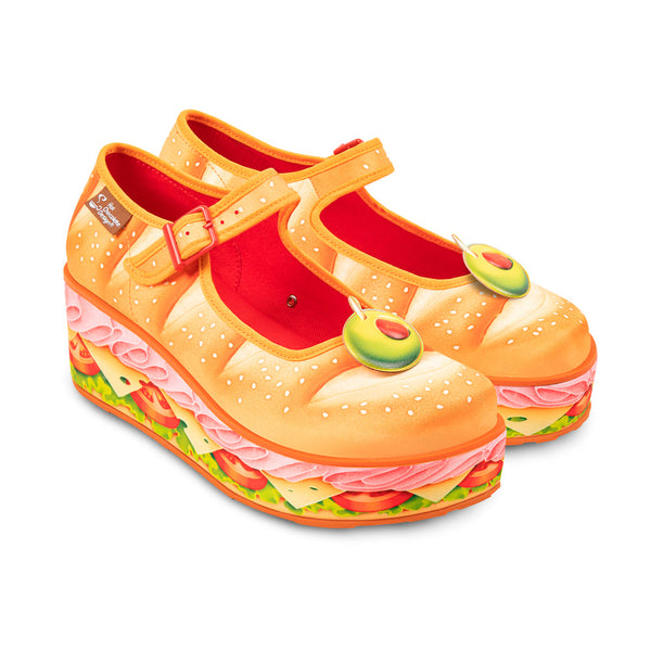 Chocolaticas® Footlong Women's Mary Jane Platform - Shoes designed to look like hamburgers on a white background