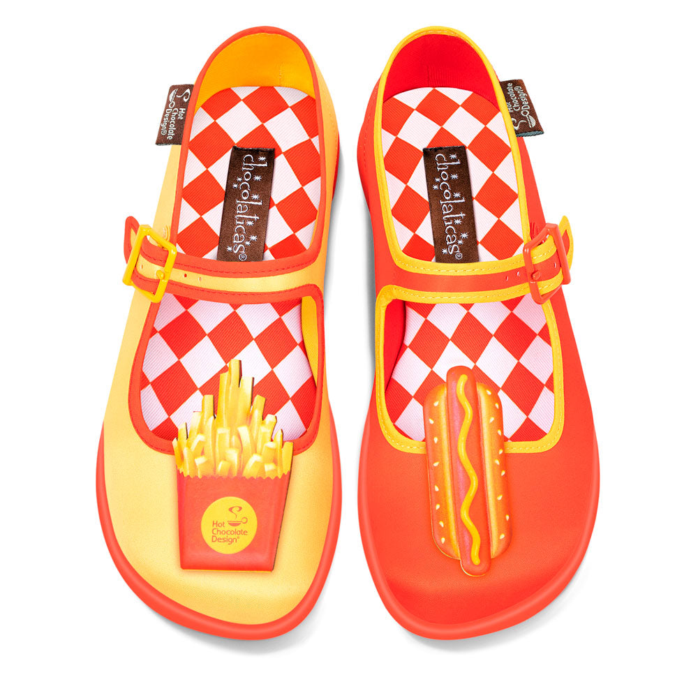 Chocolaticas® Hot Dog Women's Mary Jane Flat - Colorful children's shoes with hot dog and french fries design on a white background