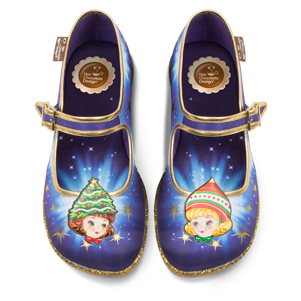 Chocolaticas® Jolly Sisters  Women's Mary Jane Flat - Pair of festive shoes with Christmas-themed designs on a white background