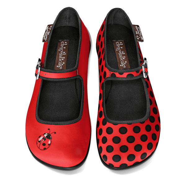 Chocolaticas® Ladybug Women's Mary Jane Flat Red shoes with black polka dots and a ladybug design on a white background