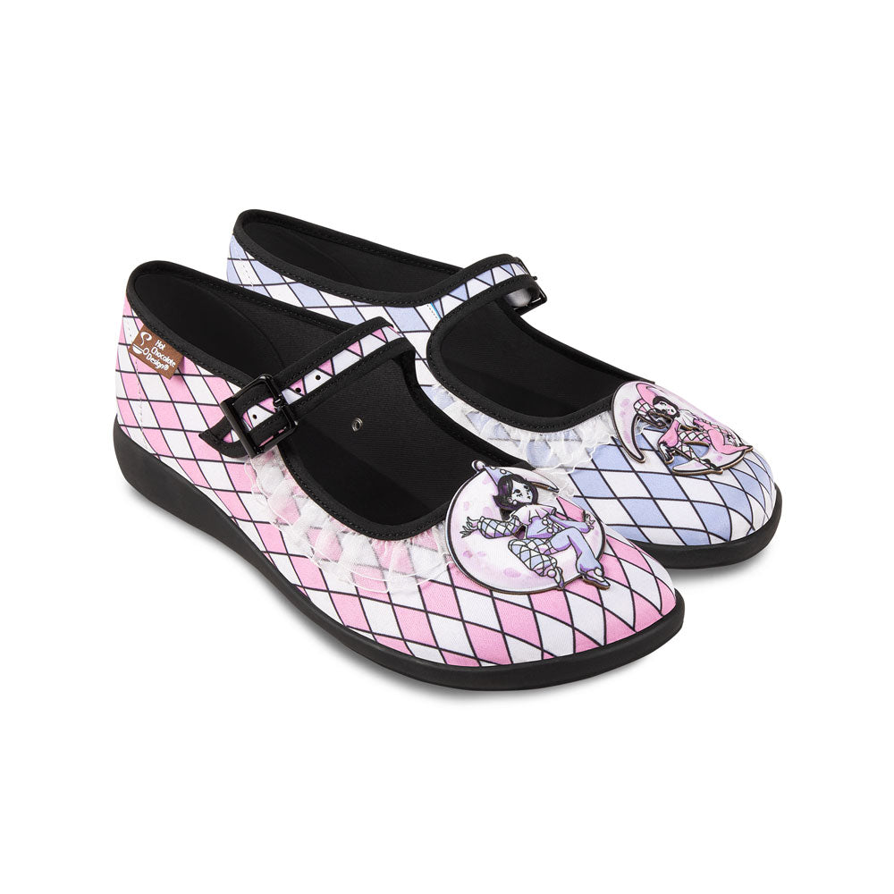 Chocolaticas® Masquerade Women's Mary Jane Flat - Pair of shoes with a pink and white geometric pattern on a white background