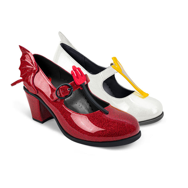 Chocolaticas® Mid Heels Angel & Demon Women's Mary Jane Pump - Red and white high-heeled shoes with decorative elements on a white background