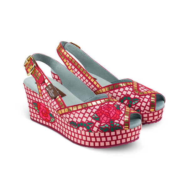 Chocolaticas® Mosaic Garden Women's Sandal - Red and white checkered wedge sandals with floral design on a white background