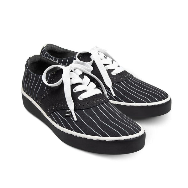 Chocolaticas® Pumpkin King Casual Sneaker by Hot Chocolate Design. Black pinstripe sneakers with white laces on a white background