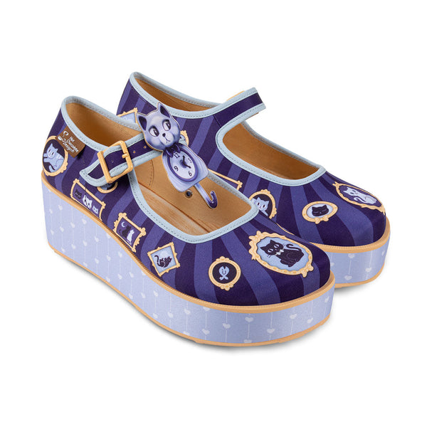 Chocolaticas® Purrfect Time Women's Mary Jane Platform - Pair of purple shoes with decorative elements on a white background