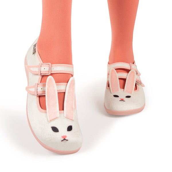 Chocolaticas® Rabbit Women's Mary Jane Flat - Children's shoes with bunny design and pink accents on a white background
