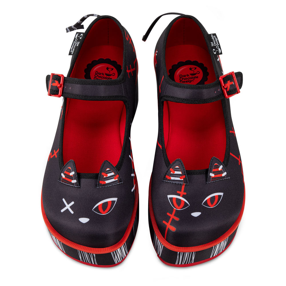 Chocolaticas® Riot Kitty Women's Mary Jane Platform - Black and red cat-themed shoes with white accents on a white background