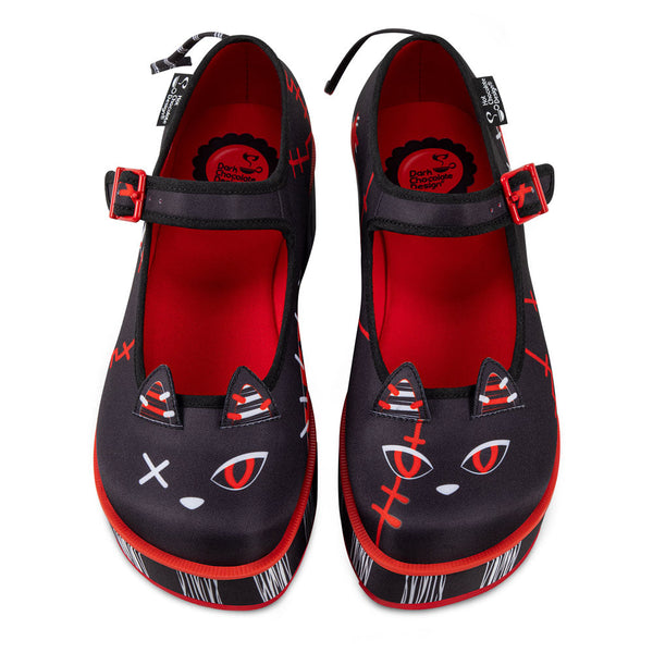 Chocolaticas® Riot Kitty Women's Mary Jane Platform - Black and red cat-themed shoes with white accents on a white background