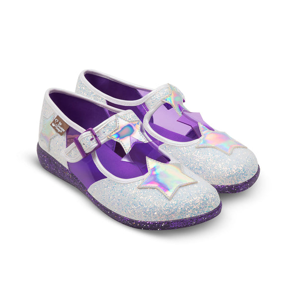 Chocolaticas® Starlight Women's Mary Jane Flat - Pair of glittery purple and silver shoes with star design on a white background
