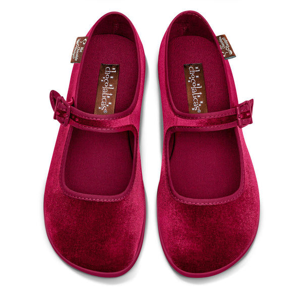 Hot Chocolate Design Red Wine Women's Mary Jane Flats. Pair of red shoes with a bow on a white background