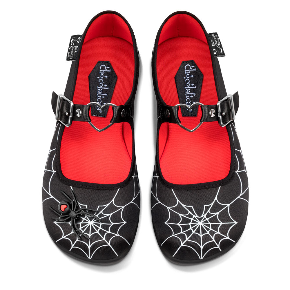 Black shoes with spider web design and red interior on a white background