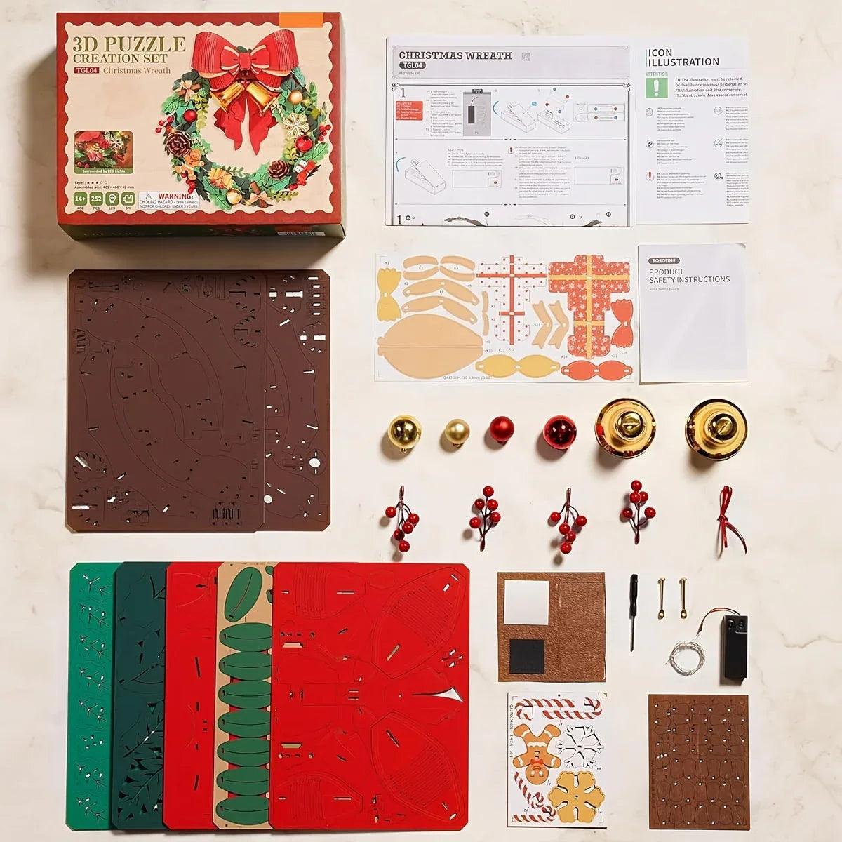 Christmas Puzzle Wreath Kit Door Decoration with Interlocking Pieces