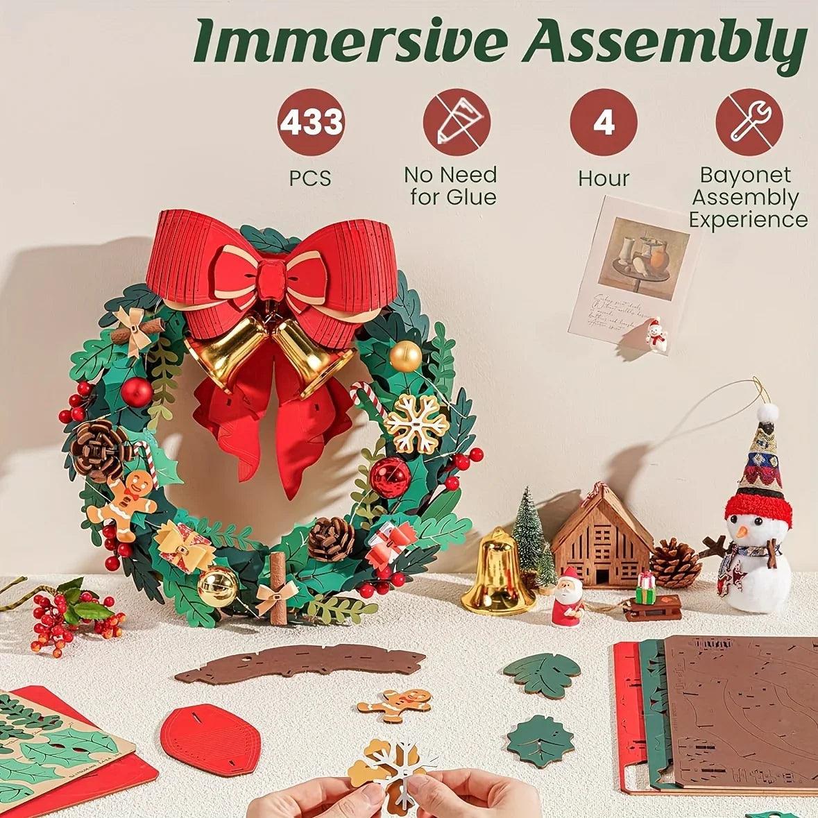 Christmas Puzzle Wreath Kit Door Decoration with Interlocking Pieces