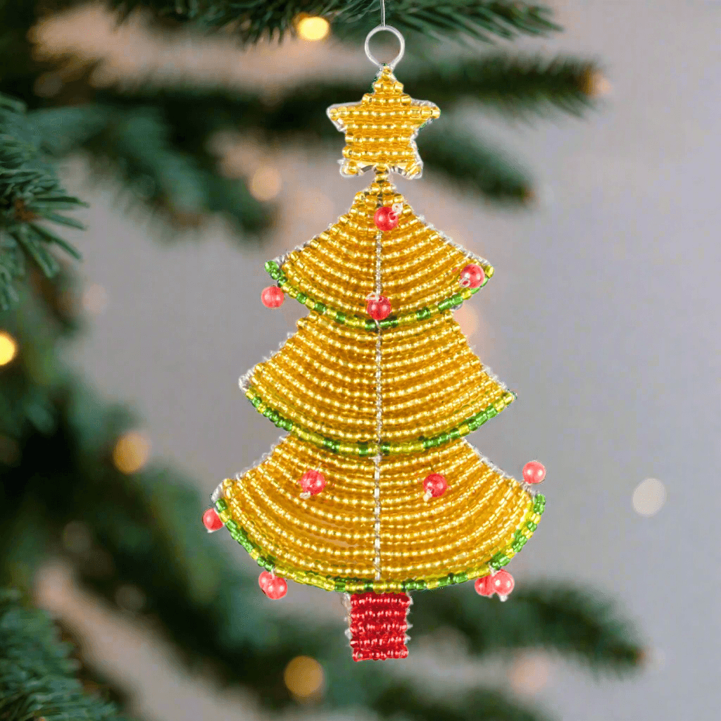 Beaded Christmas Tree with Star Ornament â€“ Handmade Holiday DÃ©cor by Haitian Artisans.