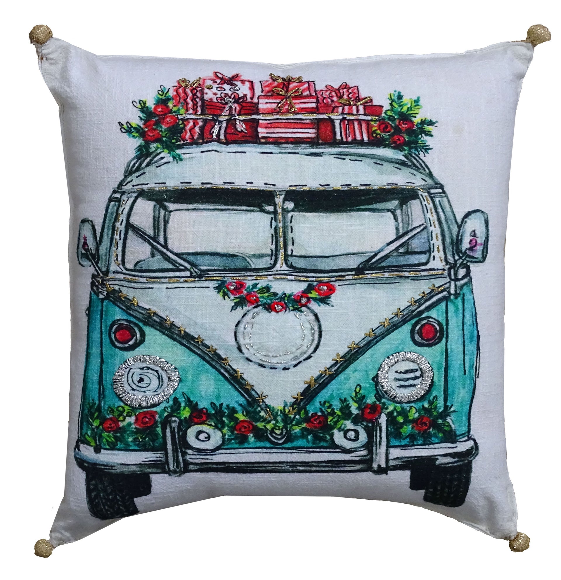 Hand Illustrated  Christmas Holiday Van Pillow (18