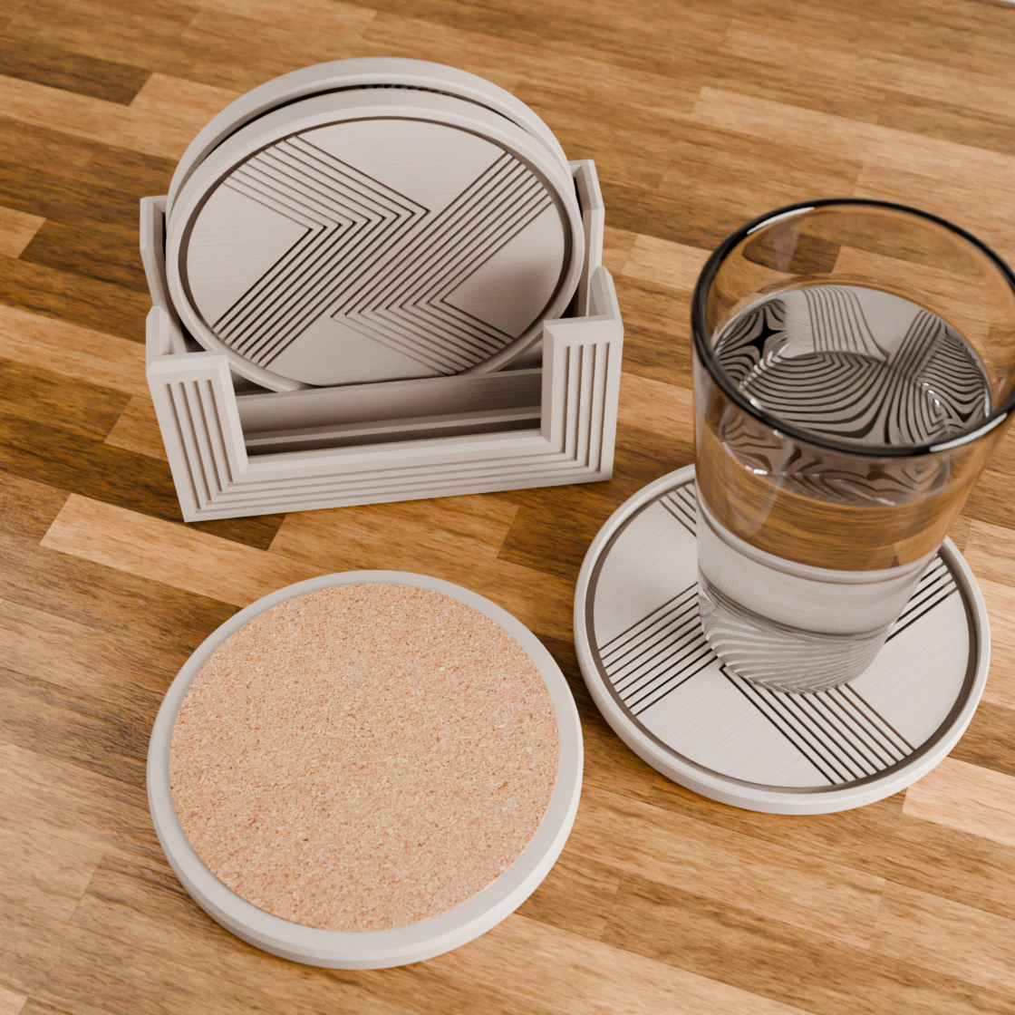 Set of round coasters with geometric patterns on a wooden surface