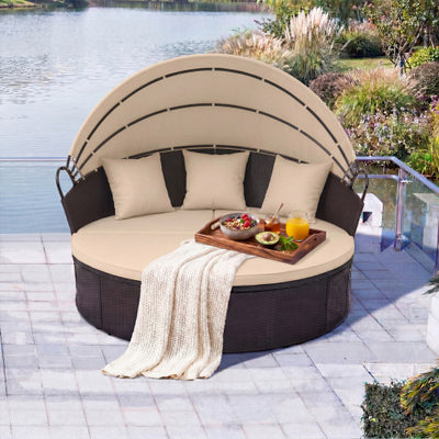 Clamshell Patio Round Daybed Wicker with Retractable Canopy and Pillows-Brown