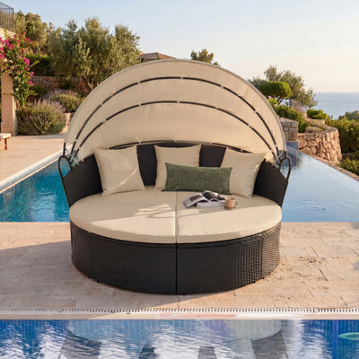 Clamshell Patio Round Daybed Wicker with Retractable Canopy and Pillows-Brown