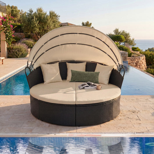 Clamshell Patio Round Daybed Wicker with Retractable Canopy and Pillows-Brown