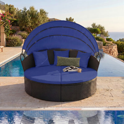 Clamshell Patio Round Daybed Wicker with Retractable Canopy and Pillows-Navy
