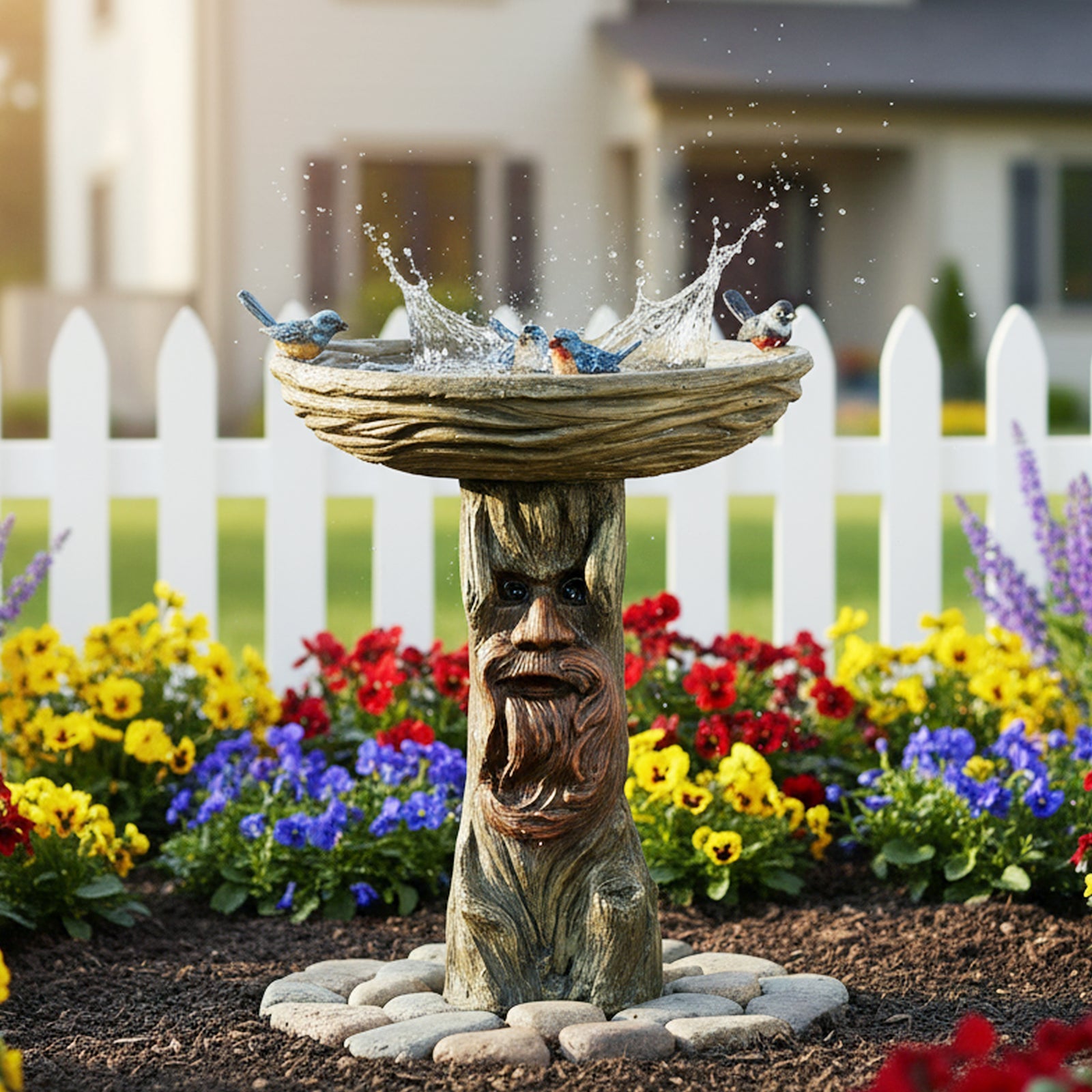Concrete Stone Bird Bath Old Man Tree Face 23 Inch