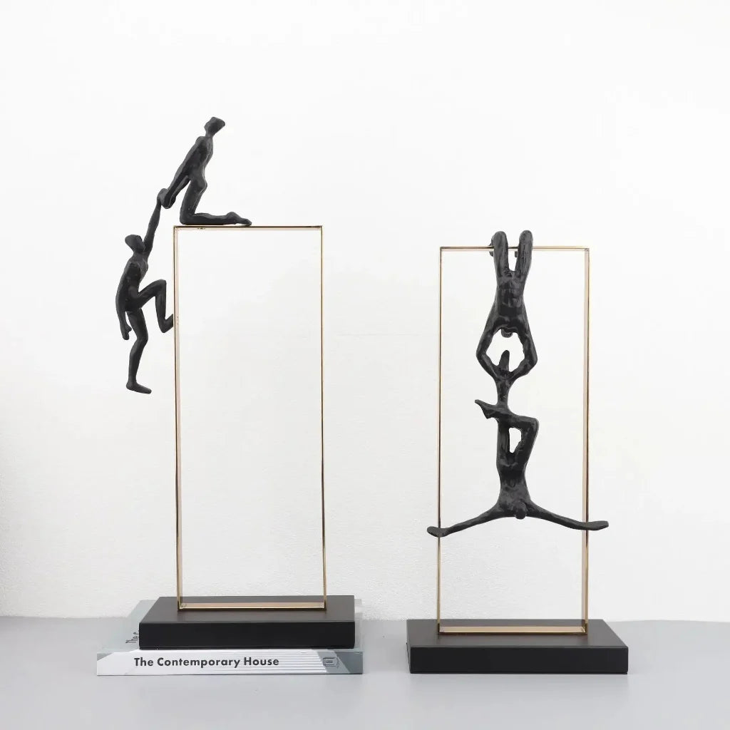 Climbing Figure Sculpture Set Gold Metal Frame for Your Home