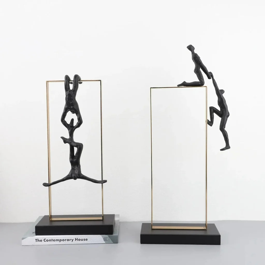 Climbing Figure Sculpture Set Gold Metal Frame for Your Home