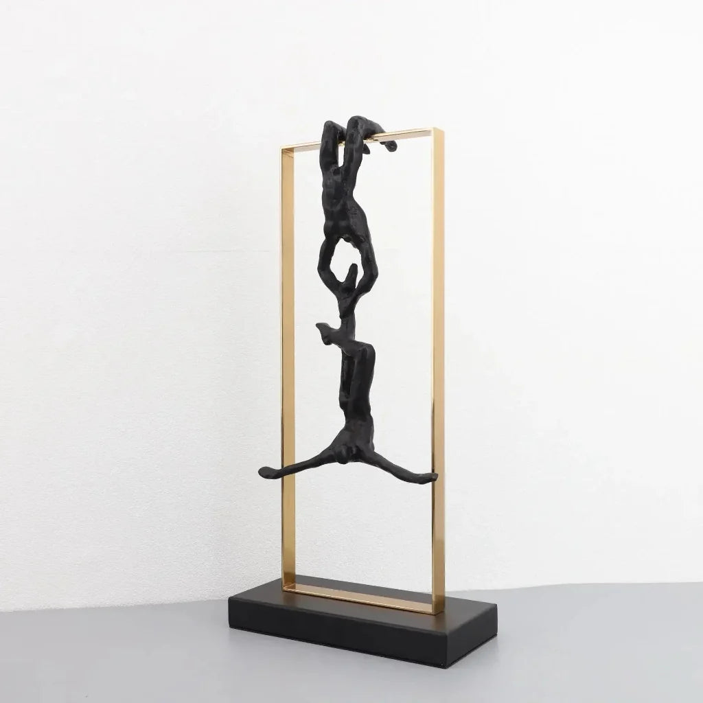 Climbing Figure Sculpture Set Gold Metal Frame for Your Home