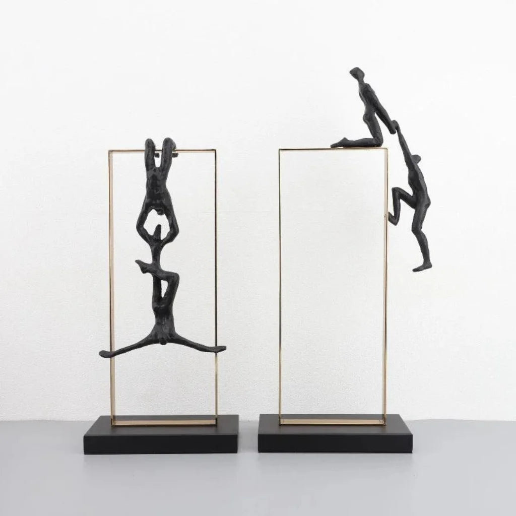 Climbing Figure Sculpture Set Gold Metal Frame for Your Home