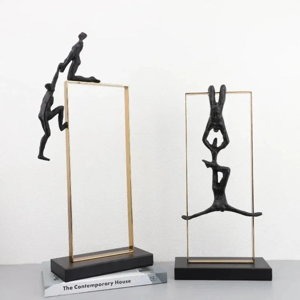 Climbing Figure Sculpture Set Gold Metal Frame for Your Home