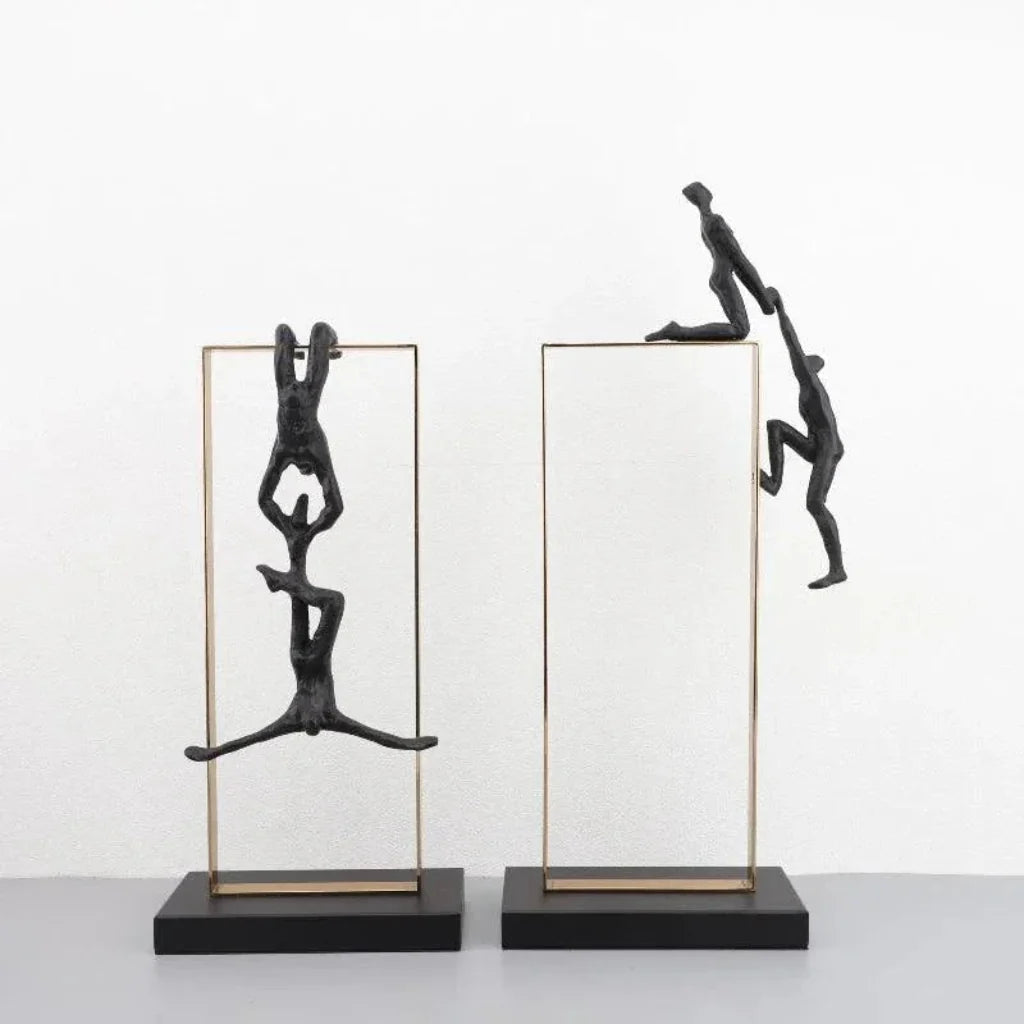Climbing Figure Sculpture Set Gold Metal Frame for Your Home