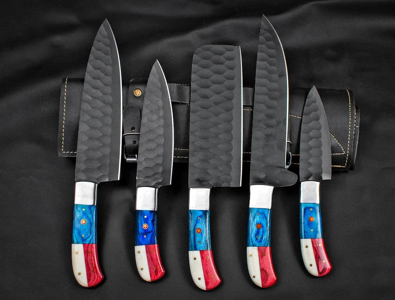 Custom Hand Forged Carbon Steel Chef's Knife Set - 5 PCS BBQ & Kitchen Knives | Ideal Anniversary Gift for Him