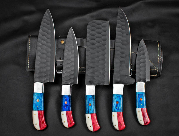 Custom Hand Forged Carbon Steel Chef's Knife Set - 5 PCS BBQ & Kitchen Knives | Ideal Anniversary Gift for Him