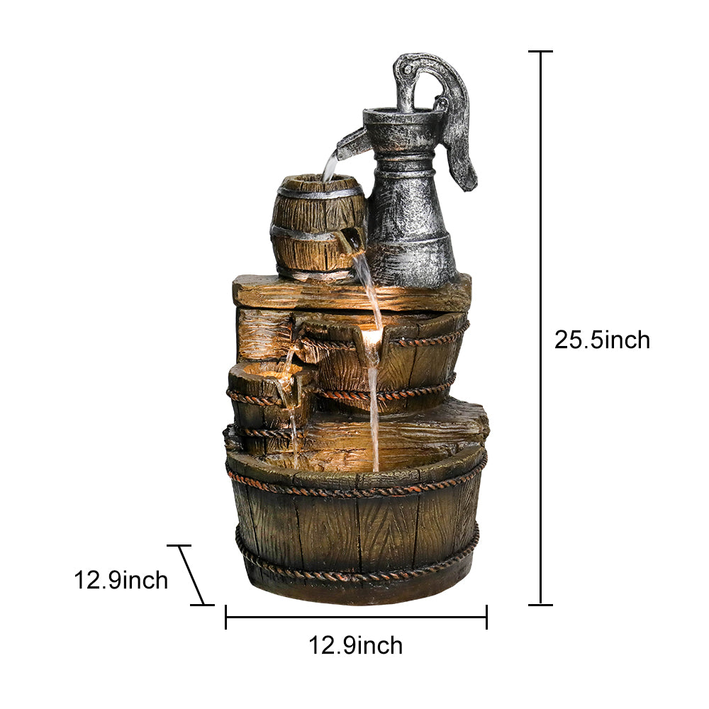 Resin Broken Barrel Rustic Outdoor Fountain 25 Inch LED