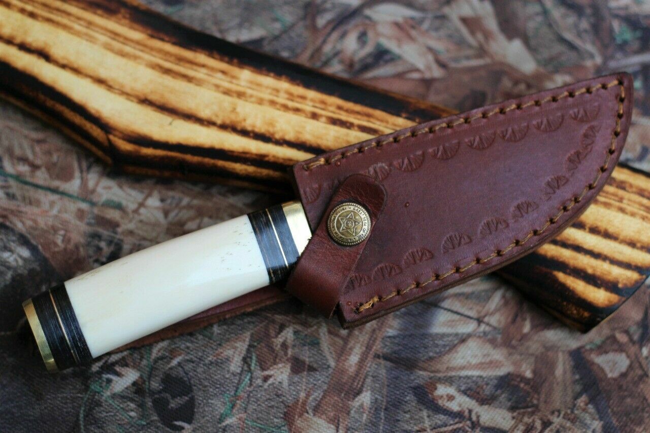 Custom Handmade Damascus Camping Knife with Camel Bone Handle