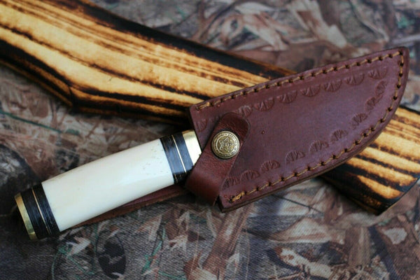 Custom Handmade Damascus Camping Knife with Camel Bone Handle