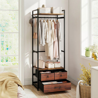 Clothes Rack with Drawers and Shelves with Side Hooks and Metal Frame-Rustic Brown