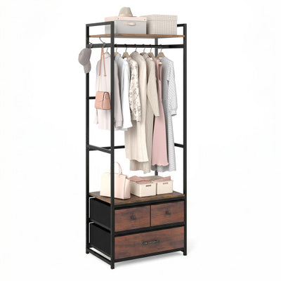 Clothes Rack with Drawers and Shelves with Side Hooks and Metal Frame-Rustic Brown