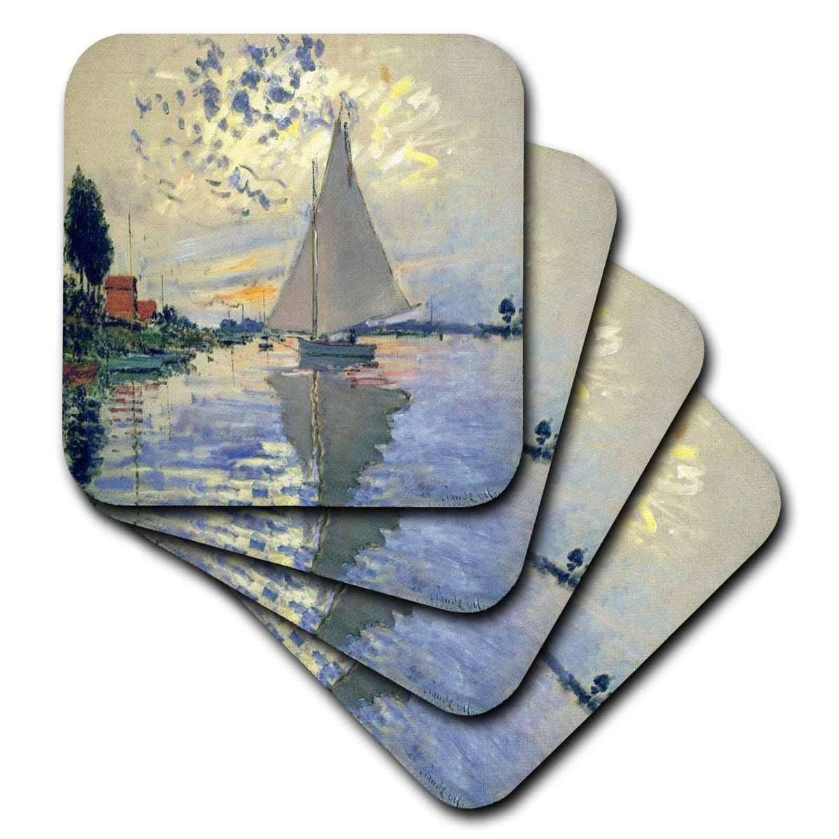 3dRose Florene - Monet Vintage Art - Print of Monet Painting Sailboat At Le Petit - Coasters (cst_203678)